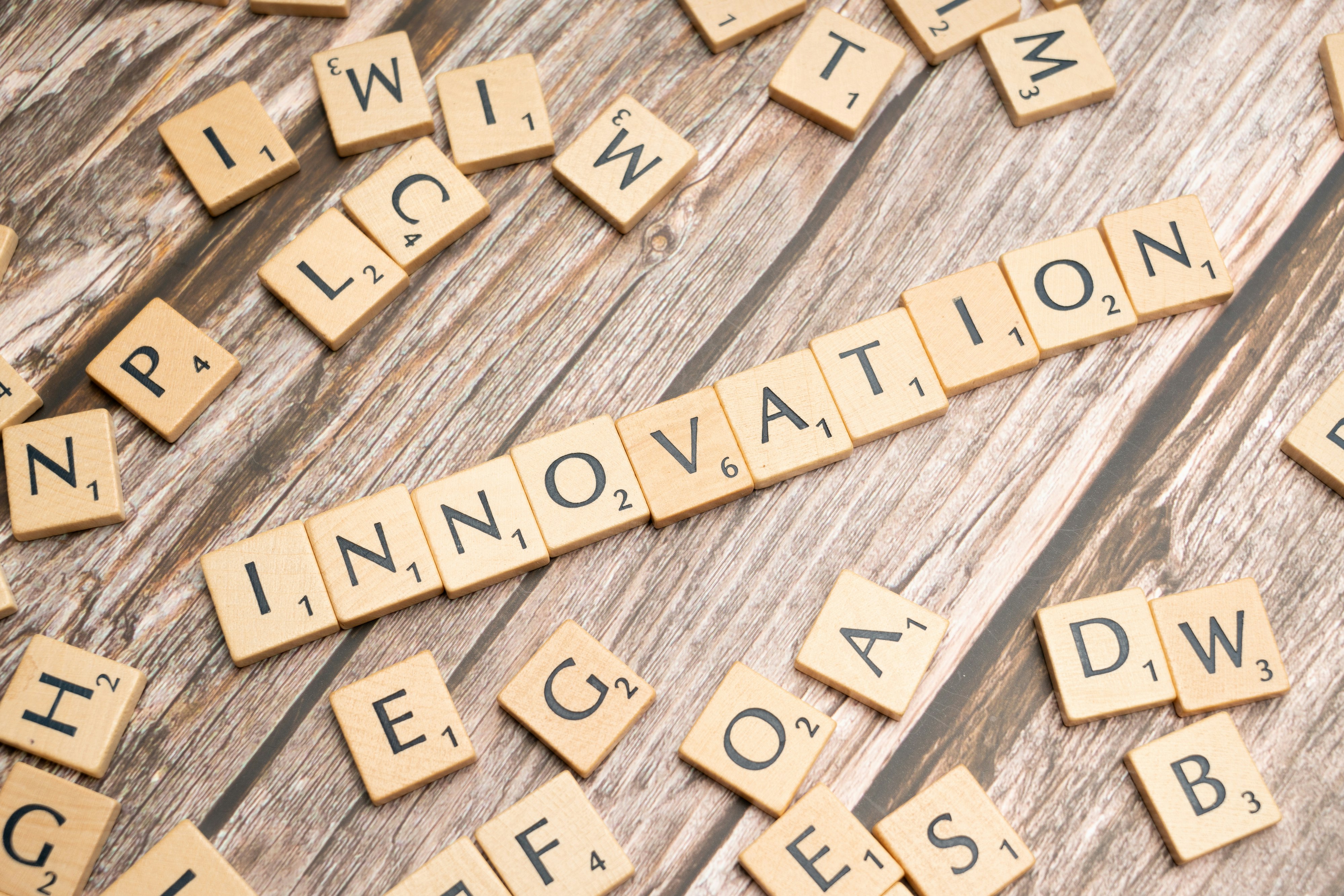 scrabble tiles spelling the word innovation